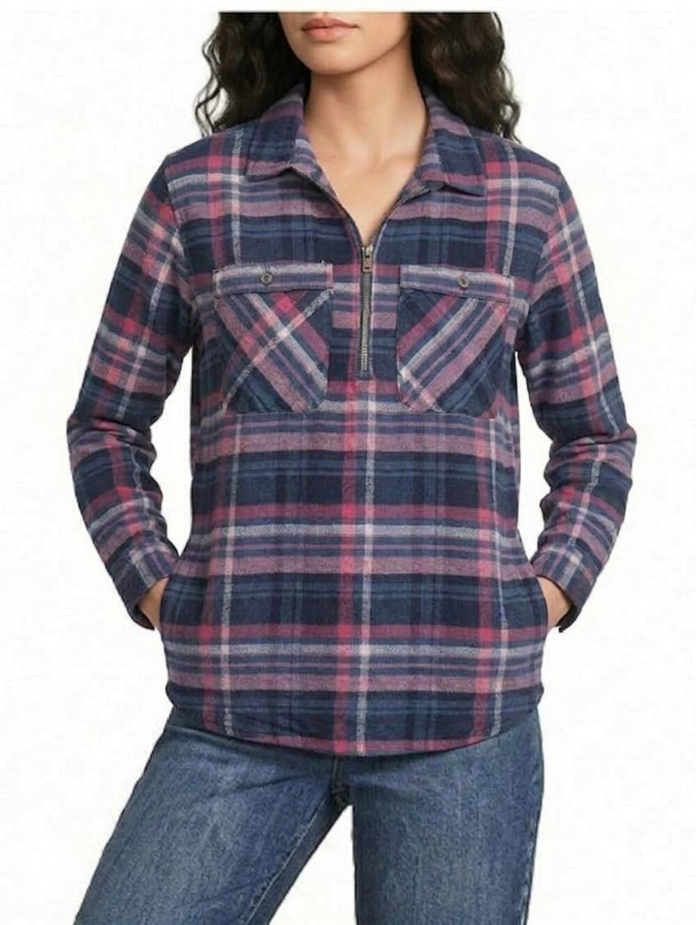 American Eagle Pink Navy Oversized Baggy Plaid Flannel 1/4 Zip Pullover Shirt Xs